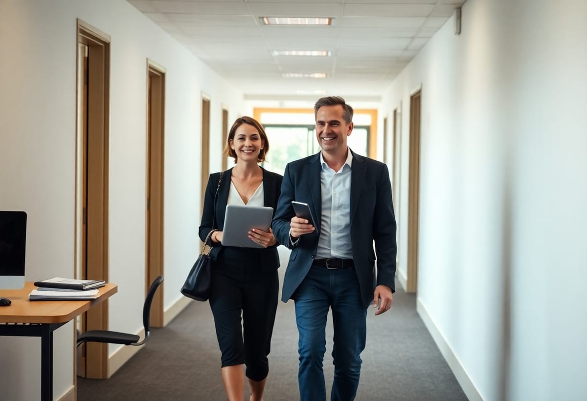 UK office colleagues walking away from a tidy desk once manual admin work is automated