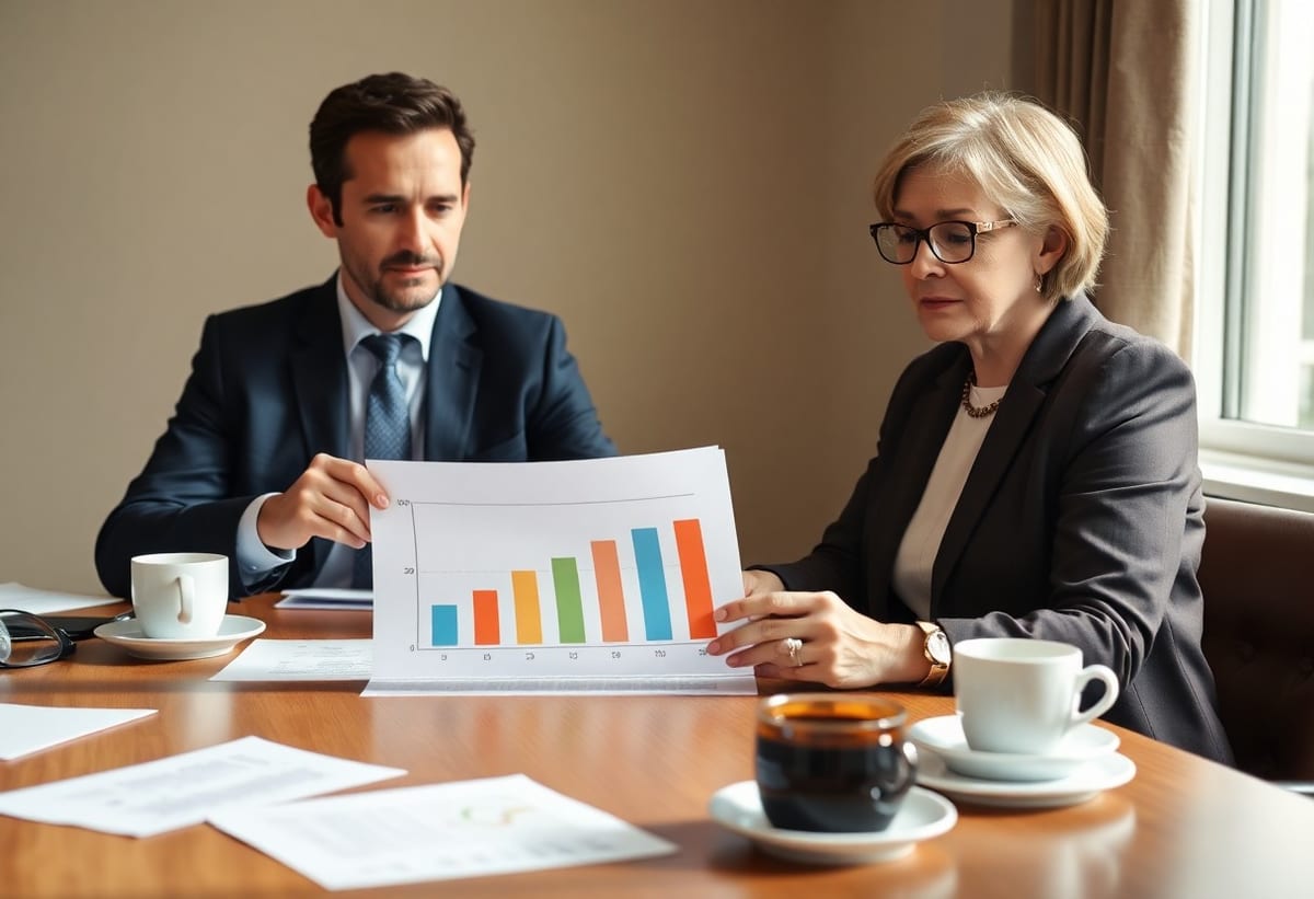 A consultant and a UK managing director reviewing printed cost and return figures together