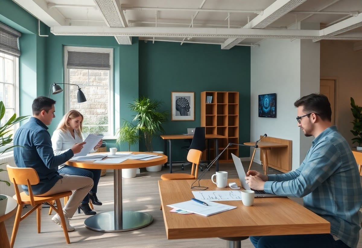 Different UK workgroups reviewing documents, planning and taking calls in a bright modern office