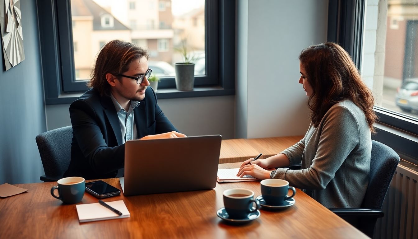 Two colleagues working through a real task together at a laptop in a small UK office