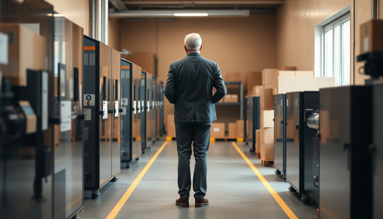 Operations manager checking an automated packing line in a small UK warehouse