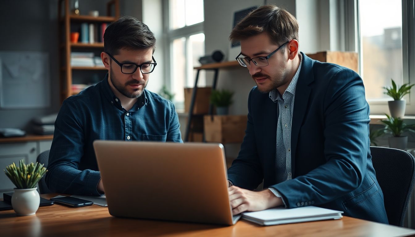 Software engineer and operations manager reviewing test cases beside a laptop in a small British office