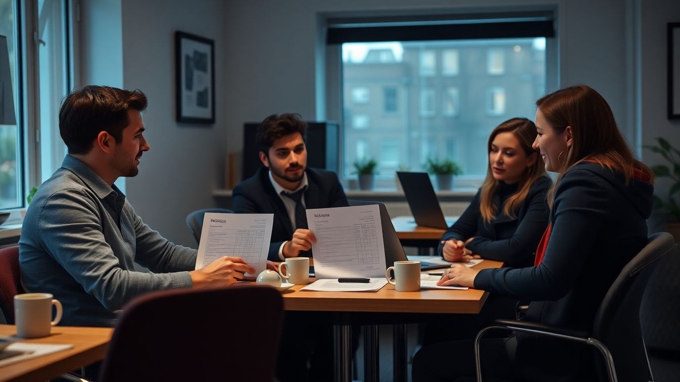 Small UK business team testing an AI-assisted office workflow late on a Friday afternoon