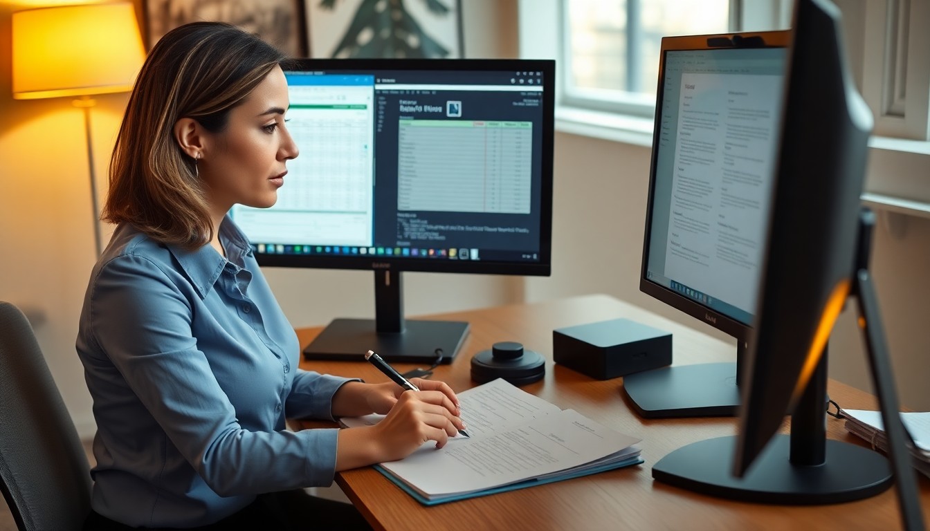 Accountant working with financial documents and laptop