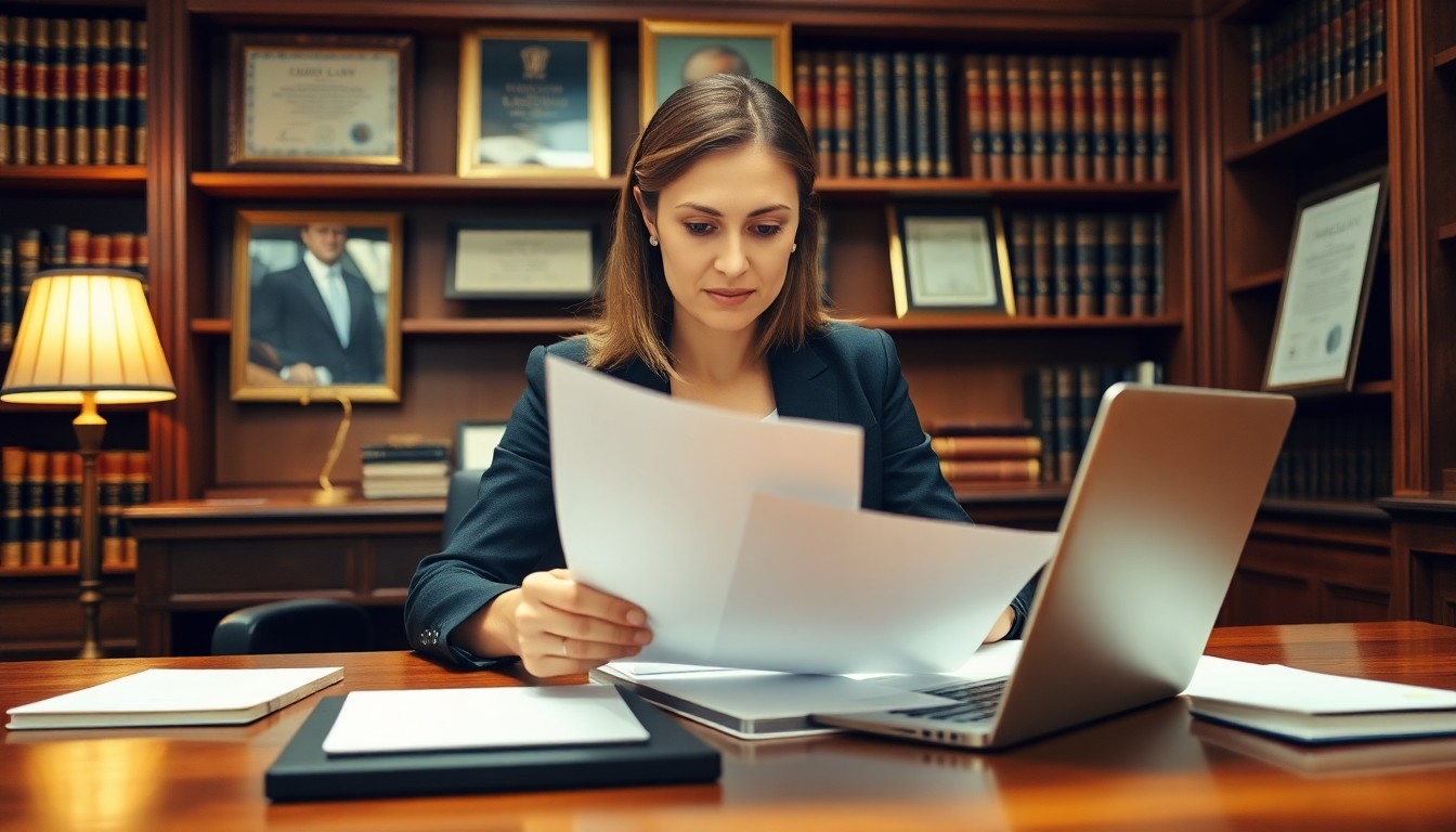 Law firm office with legal books and laptop