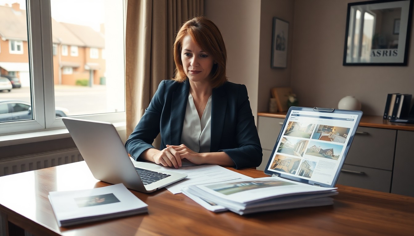 Property management office with building keys and laptop