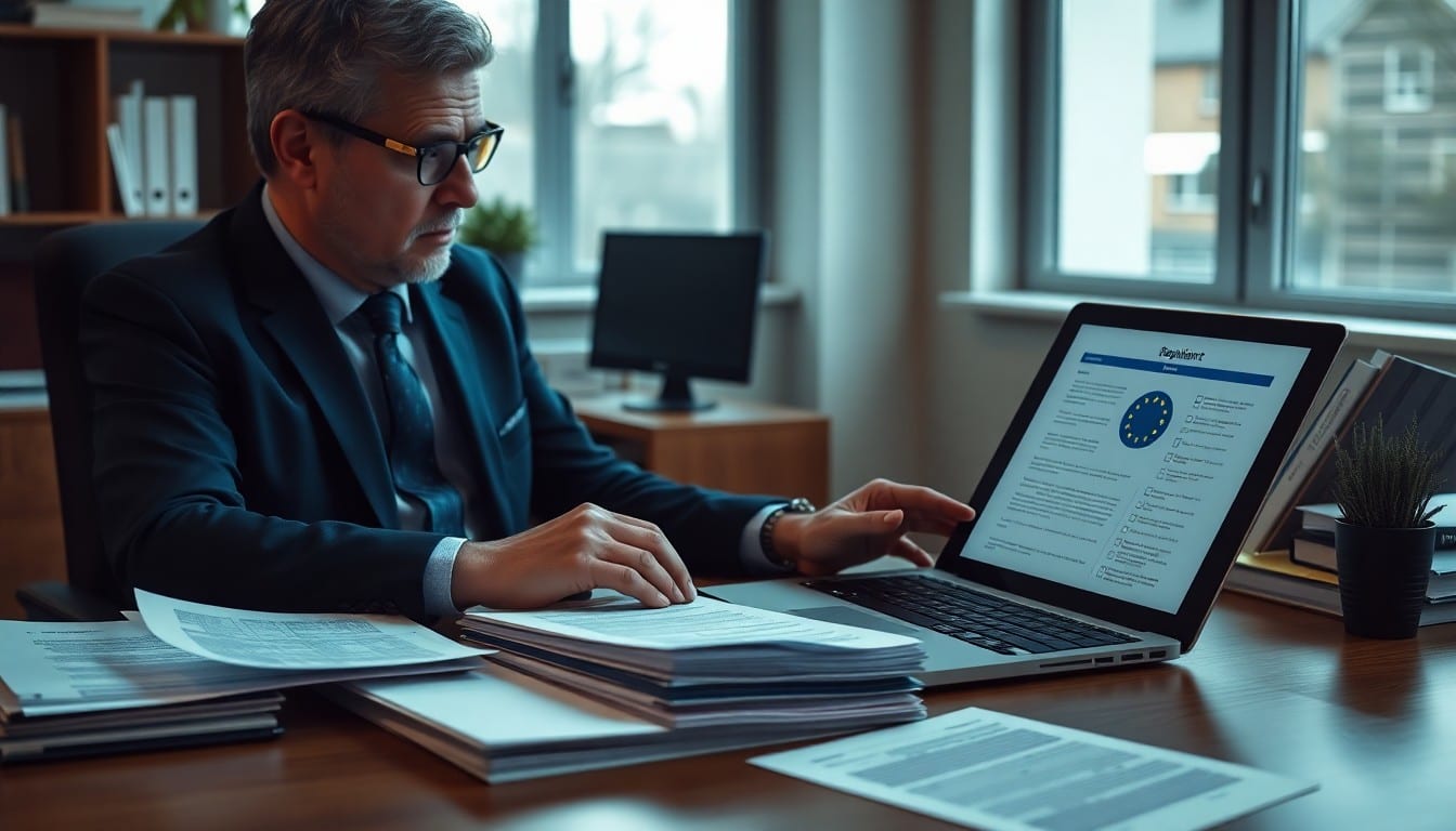 UK business professional reviewing EU compliance documents at a desk