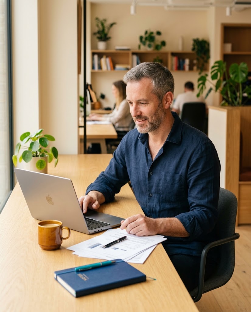 AI consultant working with a UK SME business owner in a professional setting