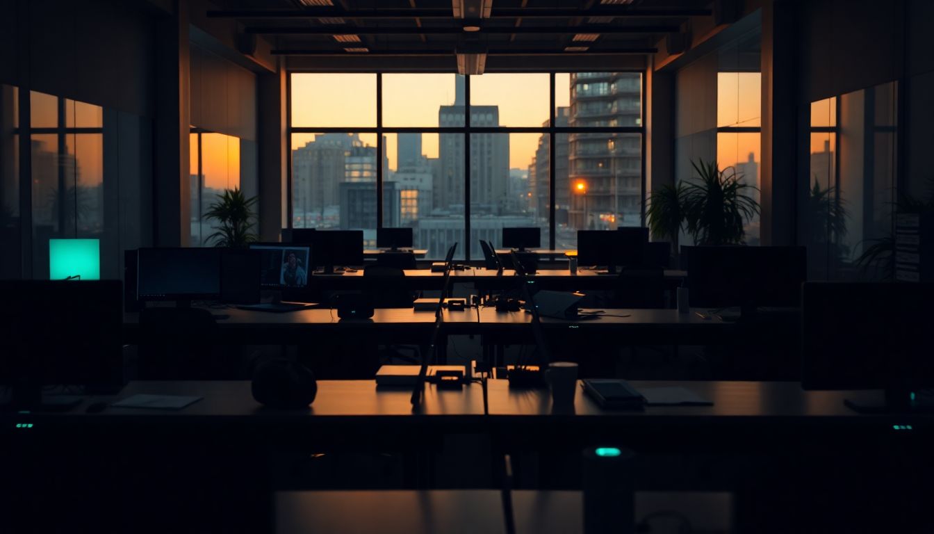 A modern UK office at dusk with the lights still on and work continuing around the clock